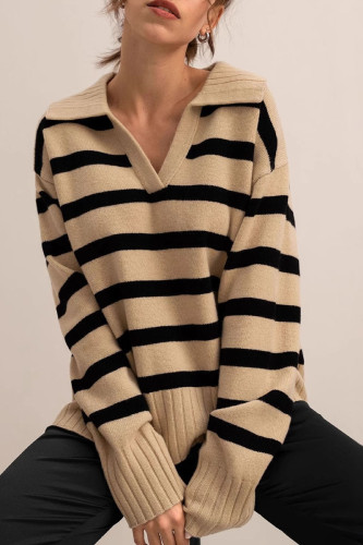 Polo Collar Striped Long Sleeved Knitted Sweater