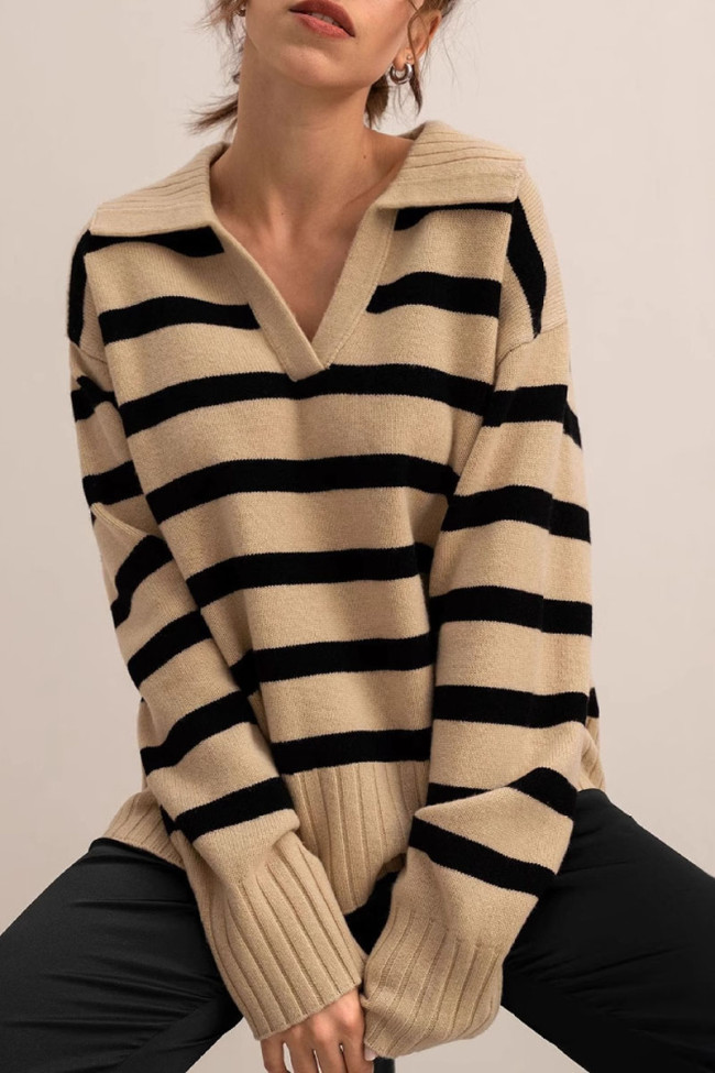 Polo Collar Striped Long Sleeved Knitted Sweater