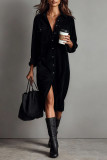 Solid Color Corduroy Long Sleeved Lapel Shirt Dress