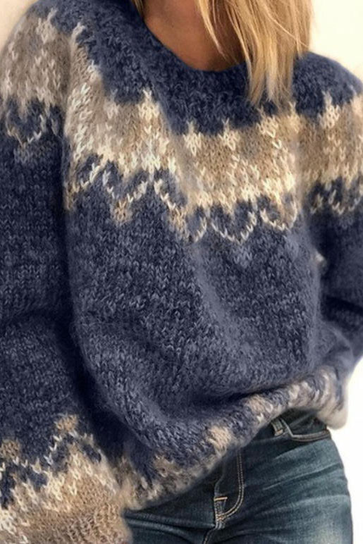 Round Neck Long Sleeved Jacquard Knitted Sweater
