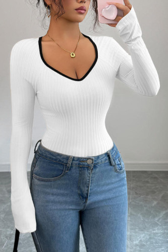 Solid Color V-neck Long Sleeved Slim Fit Shirt