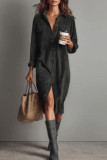 Solid Color Corduroy Long Sleeved Lapel Shirt Dress