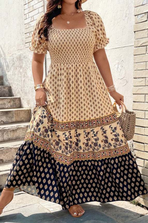 Bohemian Square Neck Ruffled Short Sleeved Dress