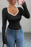 Solid Color V-neck Long Sleeved Slim Fit Shirt