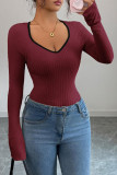 Solid Color V-neck Long Sleeved Slim Fit Shirt