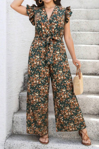 V-neck Ruffled Waist Cinched Jumpsuit