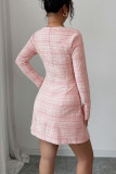 Checkered Printed Square Neck Long Sleeved Dress