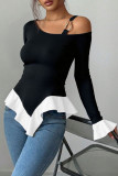Solid Color Ruffled Long Sleeved Off Shoulder Shirt