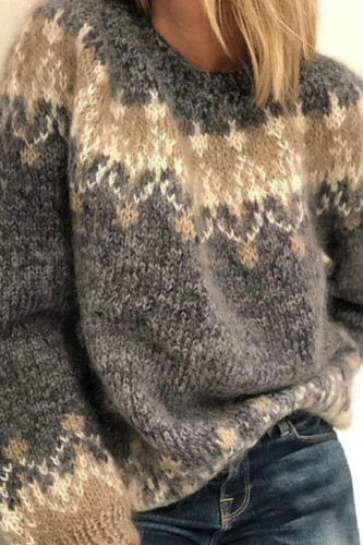 Round Neck Long Sleeved Jacquard Knitted Sweater