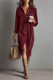 Solid Color Corduroy Long Sleeved Lapel Shirt Dress