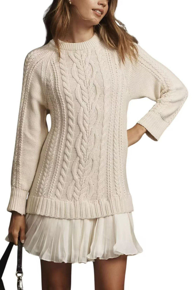 Solid Color Knitted Long Sleeved Mesh Dress