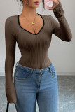 Solid Color V-neck Long Sleeved Slim Fit Shirt
