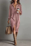 Solid Color Corduroy Long Sleeved Lapel Shirt Dress