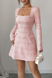 Checkered Printed Square Neck Long Sleeved Dress