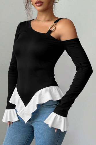Solid Color Ruffled Long Sleeved Off Shoulder Shirt