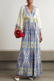 Digital Printed V-neck Long Sleeved Dress