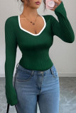 Solid Color V-neck Long Sleeved Slim Fit Shirt