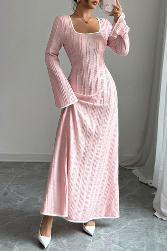 U-neck Flared Long Sleeved Waist Cinching Dress