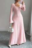 U-neck Flared Long Sleeved Waist Cinching Dress