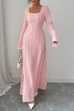U-neck Flared Long Sleeved Waist Cinching Dress
