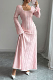 U-neck Flared Long Sleeved Waist Cinching Dress