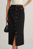 Retro Solid Color Button Slit Straight Leg Skirt