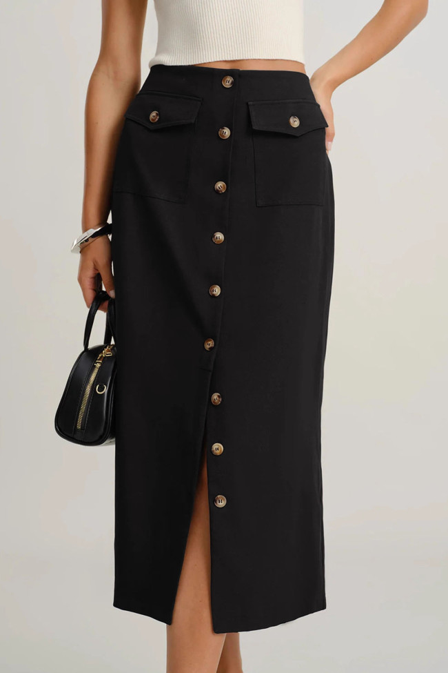 Retro Solid Color Button Slit Straight Leg Skirt