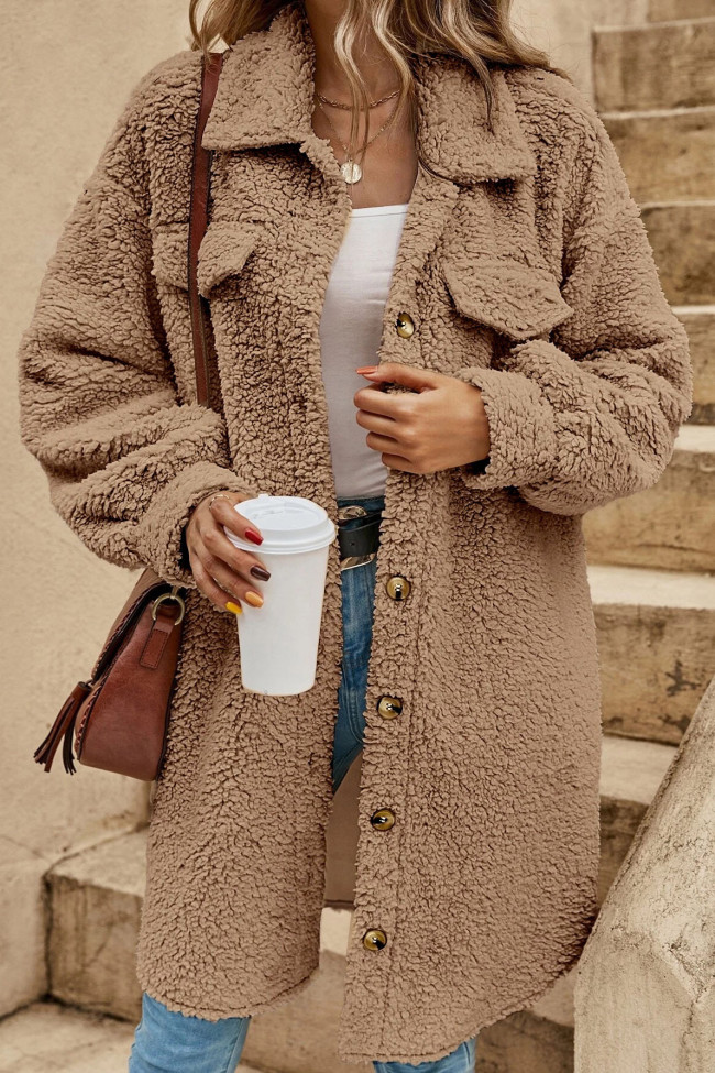 Solid Color Lapel Long Sleeved Plush Jacket