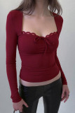 Solid Color Lace Edge Long Sleeved Shirt