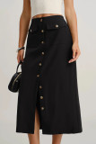 Retro Solid Color Button Slit Straight Leg Skirt