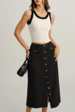 Retro Solid Color Button Slit Straight Leg Skirt