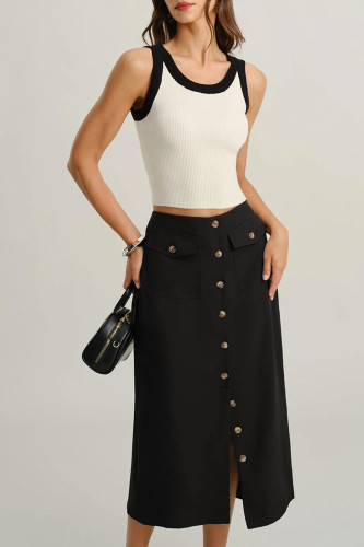 Retro Solid Color Button Slit Straight Leg Skirt