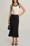 Retro Solid Color Button Slit Straight Leg Skirt