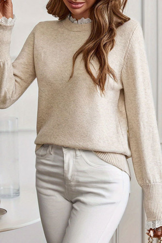 Lace Trim Patchwork Buttoned Cuffs Loose Sweater