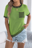 Striped Pocket Short Sleeved Knitted Sweater