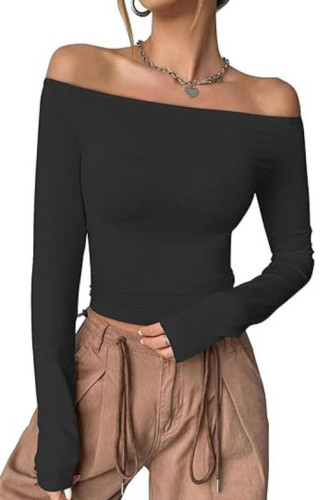 One Shoulder Long Sleeved Solid Color T-shirt