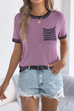 Striped Pocket Short Sleeved Knitted Sweater