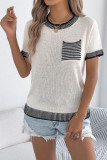 Striped Pocket Short Sleeved Knitted Sweater