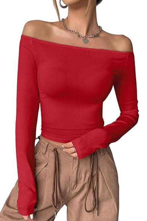 One Shoulder Long Sleeved Solid Color T-shirt