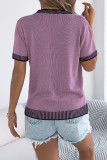 Striped Pocket Short Sleeved Knitted Sweater