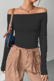 One Shoulder Long Sleeved Solid Color T-shirt