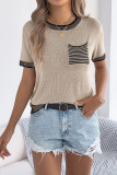 Striped Pocket Short Sleeved Knitted Sweater