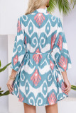 Lapel Long Sleeved Printed Waist Cinching Dress