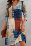 V-neck Colored Plaid Print Long Sleeved Dress
