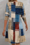 V-neck Colored Plaid Print Long Sleeved Dress