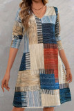 V-neck Colored Plaid Print Long Sleeved Dress