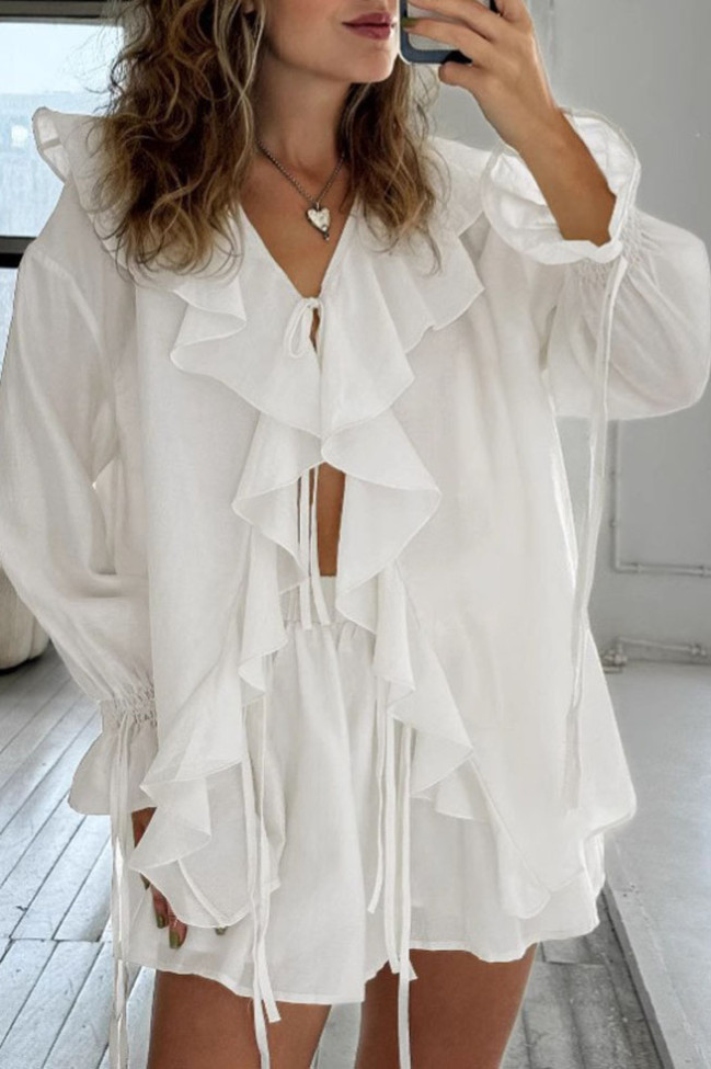 Lotus Leaf Edge Long Sleeved Shirt Shorts Two-piece Set