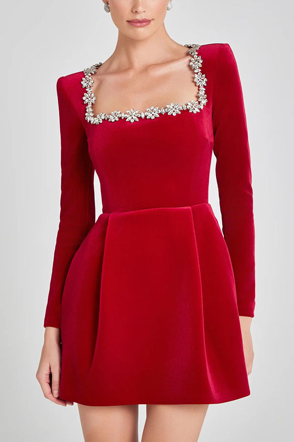 Diamond Studded Square Neck Waist Cinching Dress