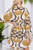 Lapel Long Sleeved Printed Waist Cinching Dress