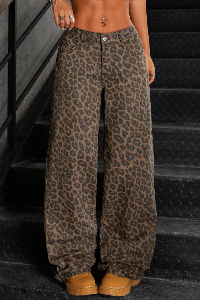 High Waisted Leopard Print Wide Leg Pants